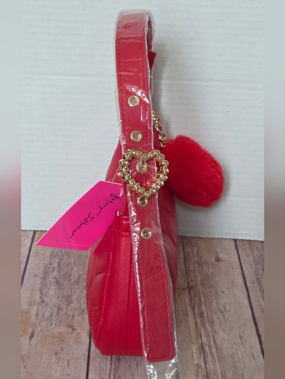 Betsey Johnson Red Quilted Heart Pom-Pom Shoulder Bag - Picture 15 of 16